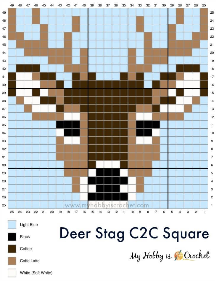 Free Crochet Pattern Graph Deer Stag C2C Square Wildlife 