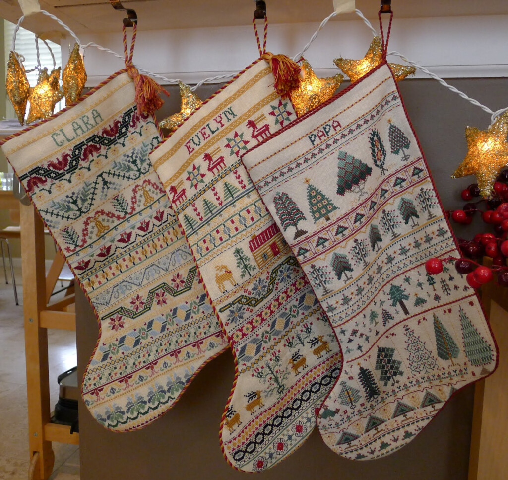 Palace Of Leaves Three Cross stitched Christmas Stockings